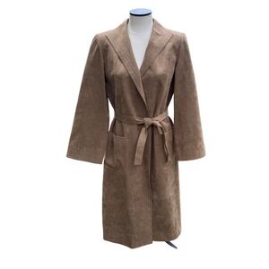 Vtg Suede Style Belted Wrap Duster Coat Women's Midi Length Tan Brown Size Small